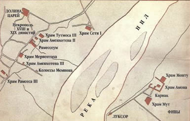 Карта древних Фив с указанием ныне существующих памятников